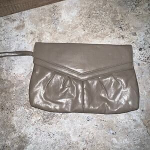 Vintage Soft Faux Leather Taupe Clutch Handbag with Snaplock Closure Wrist Purse